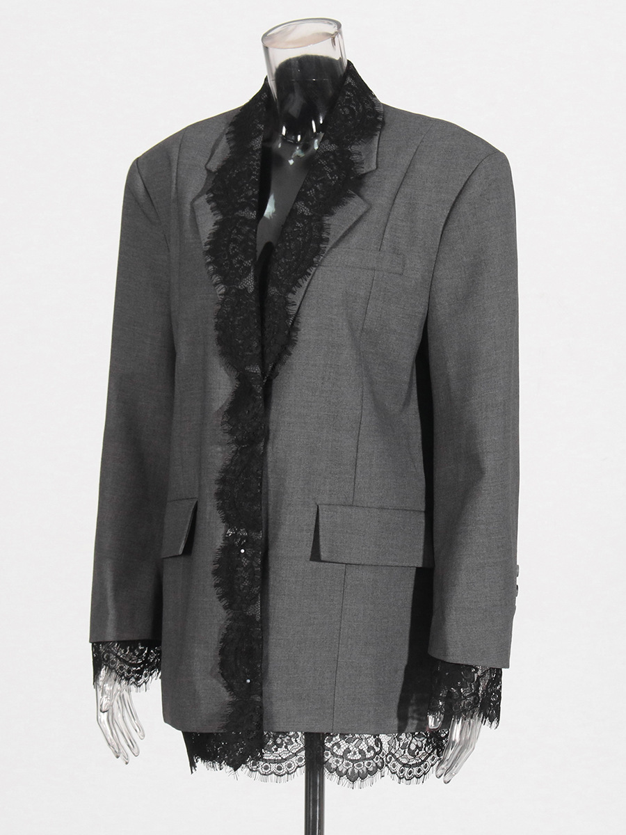 Blazer Gris con Encaje para Mujer | Americana con Solapa Bordada | Elegante Entretiempo - Imagen 6