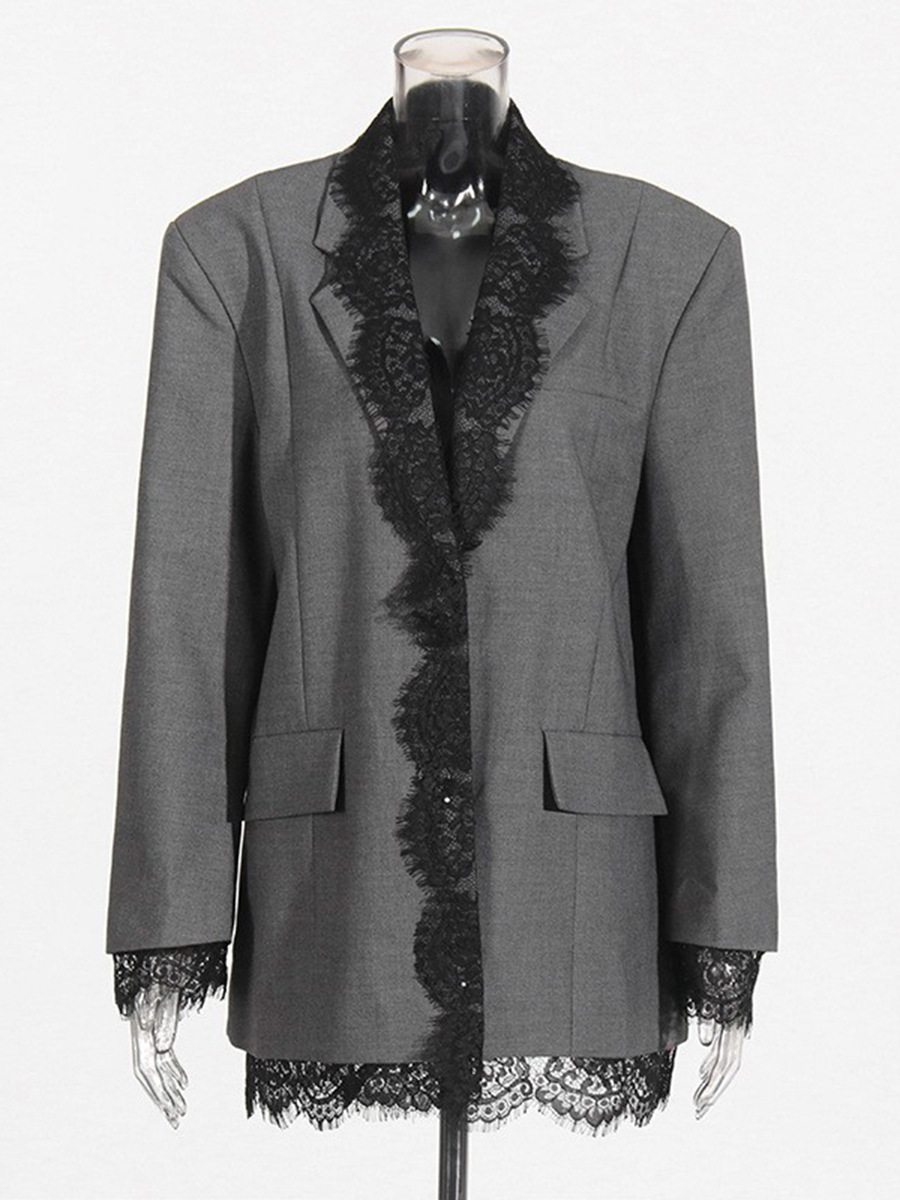 Blazer Gris con Encaje para Mujer | Americana con Solapa Bordada | Elegante Entretiempo - Imagen 8