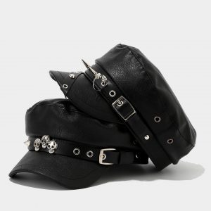 Gorra Newsboy con Hebilla Metálica y Calavera | Estilo Urbano para Mujer | Streetwear y Fiestas