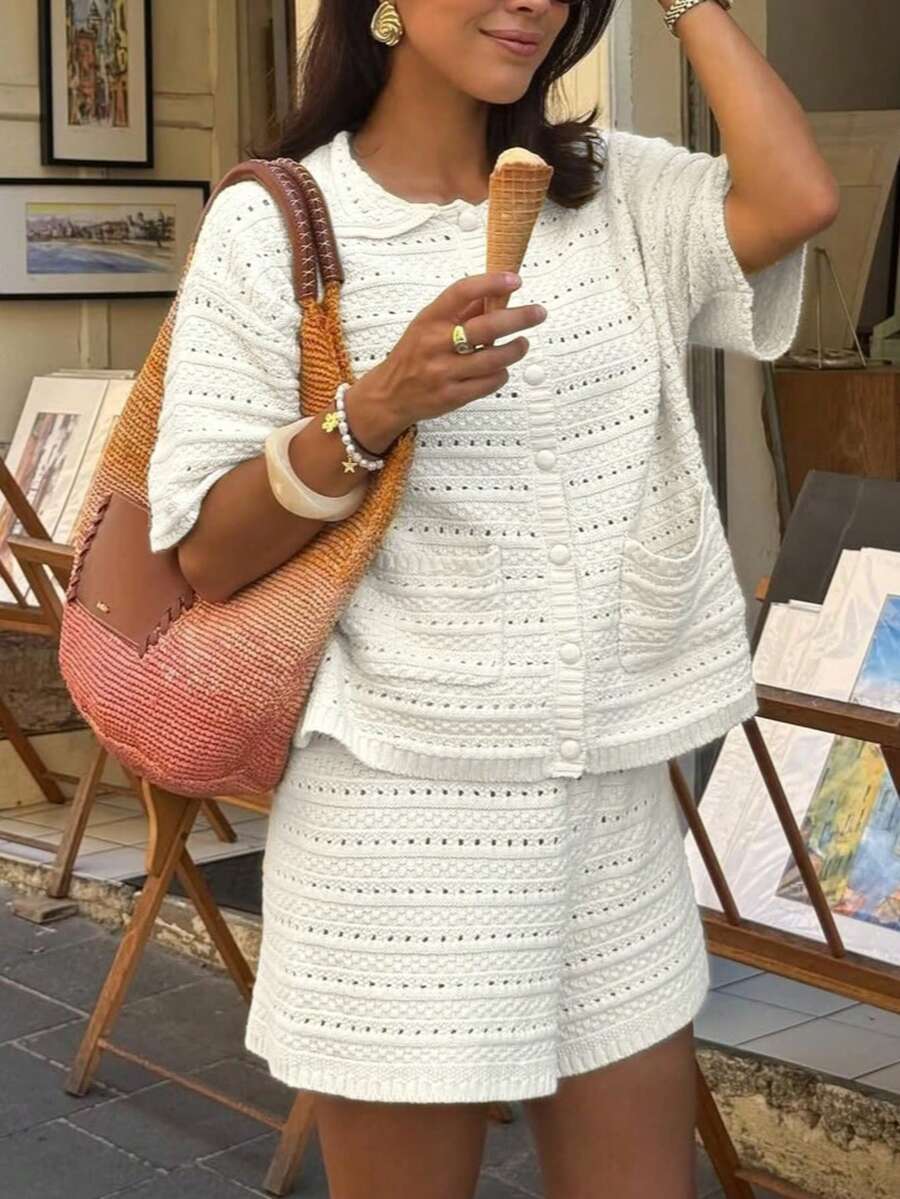 Conjunto de Cárdigan de Punto y Pantalones Cortos | Dos Piezas Color Liso | Entretiempo Verano - Imagen 5
