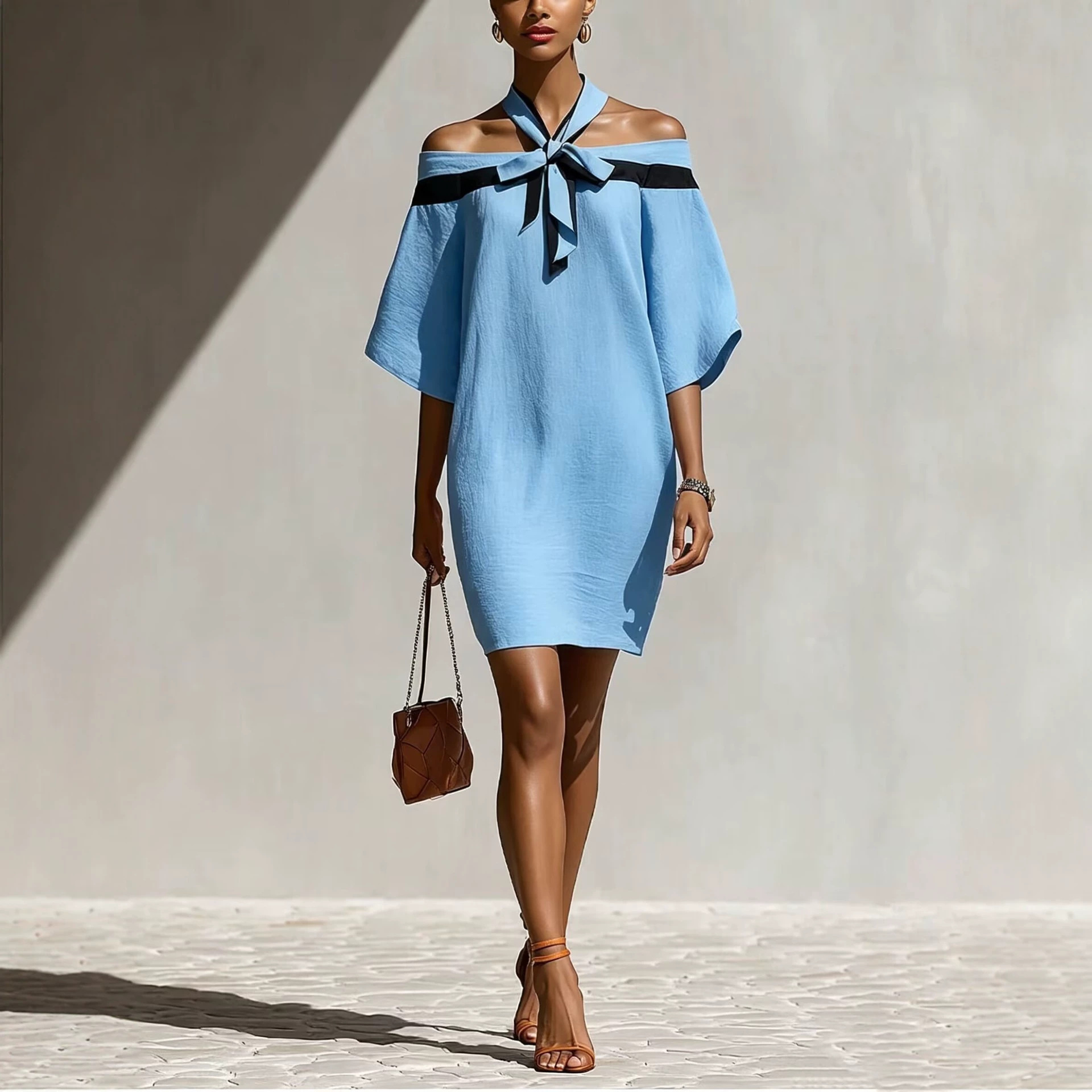 Vestido con Escote Bardot y Lazo en el Cuello | Hombros al Descubierto | Elegante Primavera-Verano - Imagen 4
