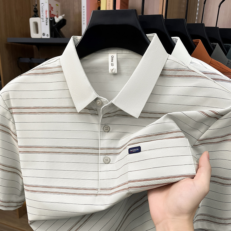 Camiseta de Manga Corta con Solapa y Rayas para Hombre | Corte Holgado Verano Beige - Imagen 4