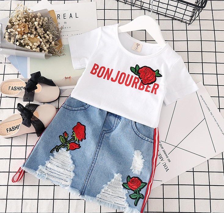 Conjunto de Camiseta y Falda Vaquera para Niña | Blanco | Tallas 100-140 cm | Ropa Moderna y Versátil para Diario | TiendasFR - Imagen 7