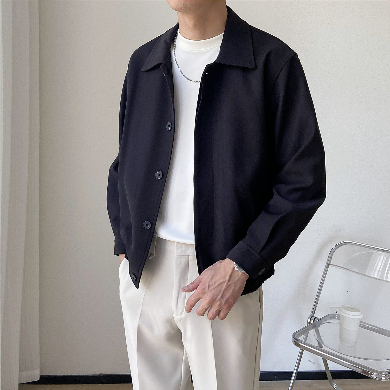 Chaqueta Estilo Coreano Corte Holgado Cropped para Hombre | Primavera-Otoño Moderna - Imagen 8