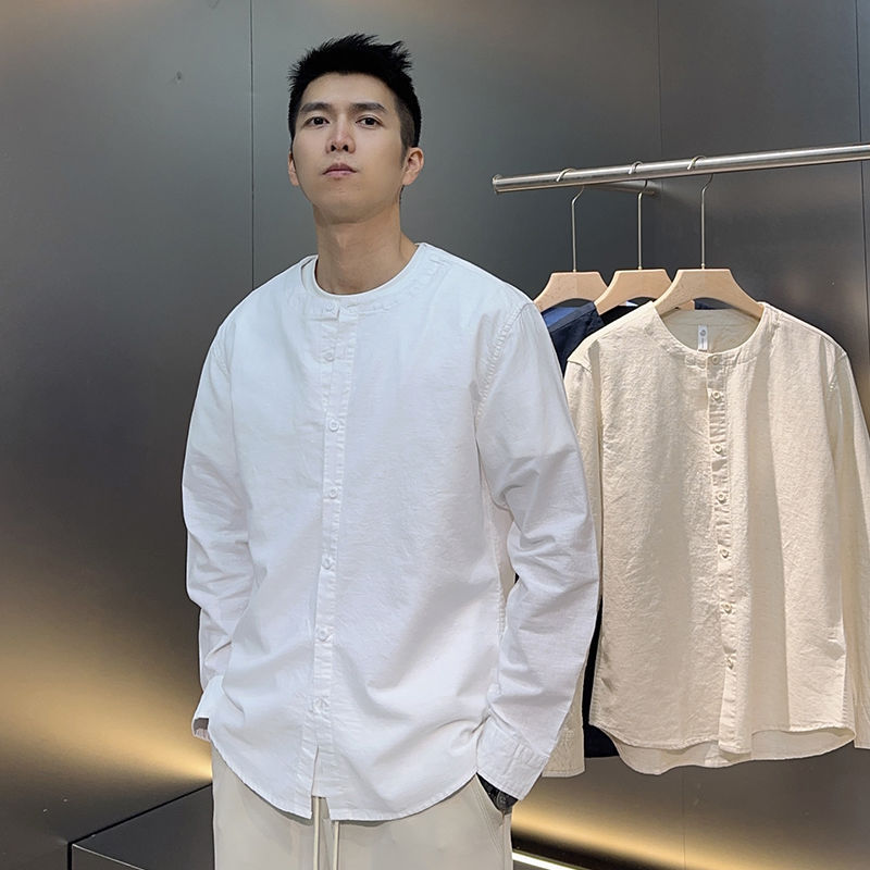 Camisa de Lino Vintage Estilo Chino con Cuello Mandarín | Azul para Hombre - Imagen 8