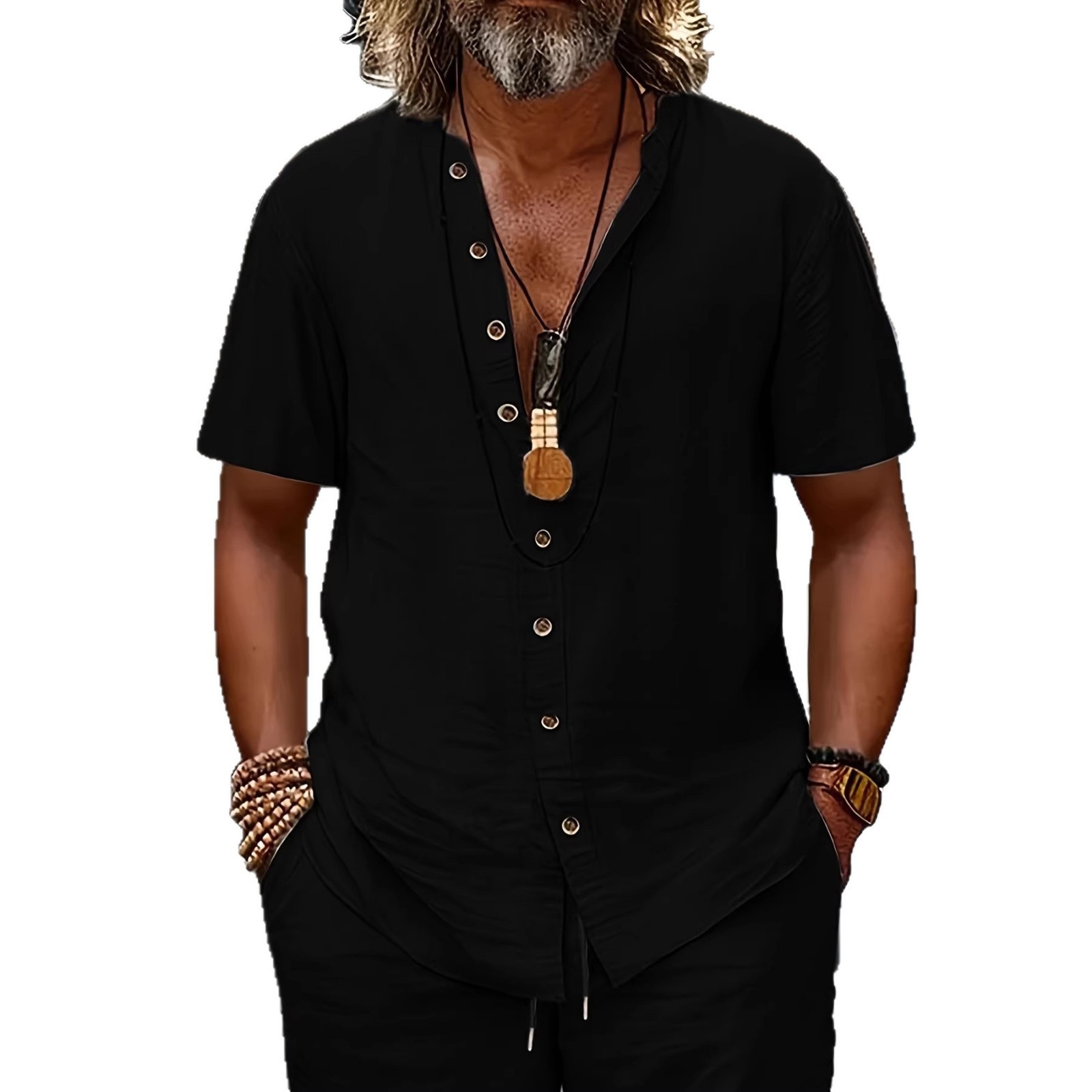 Camisa Retro de Algodón y Lino con Botones para Hombre | Estilo Casual Negro - Imagen 3