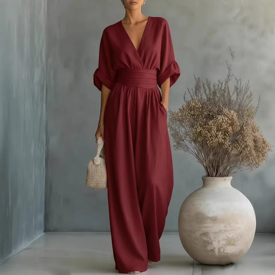 Mono de Verano de Manga Corta con Cuello en V | Jumpsuit de Pierna Ancha para Mujer | Casual 2026 - Imagen 2