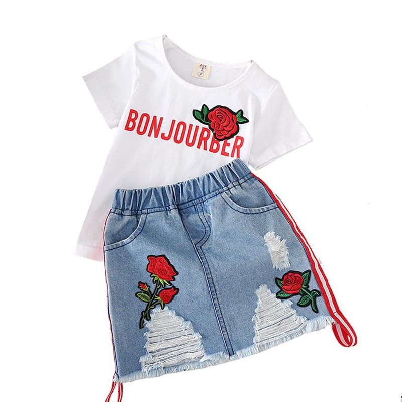 Conjunto de Camiseta y Falda Vaquera para Niña | Blanco | Tallas 100-140 cm | Ropa Moderna y Versátil para Diario | TiendasFR