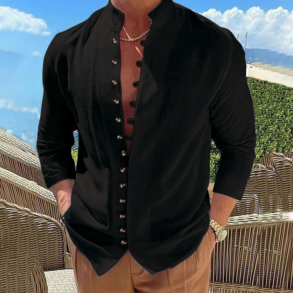 Camisa Retro de Algodón y Lino Manga Larga para Hombre | Corte Holgado Negro - Imagen 6