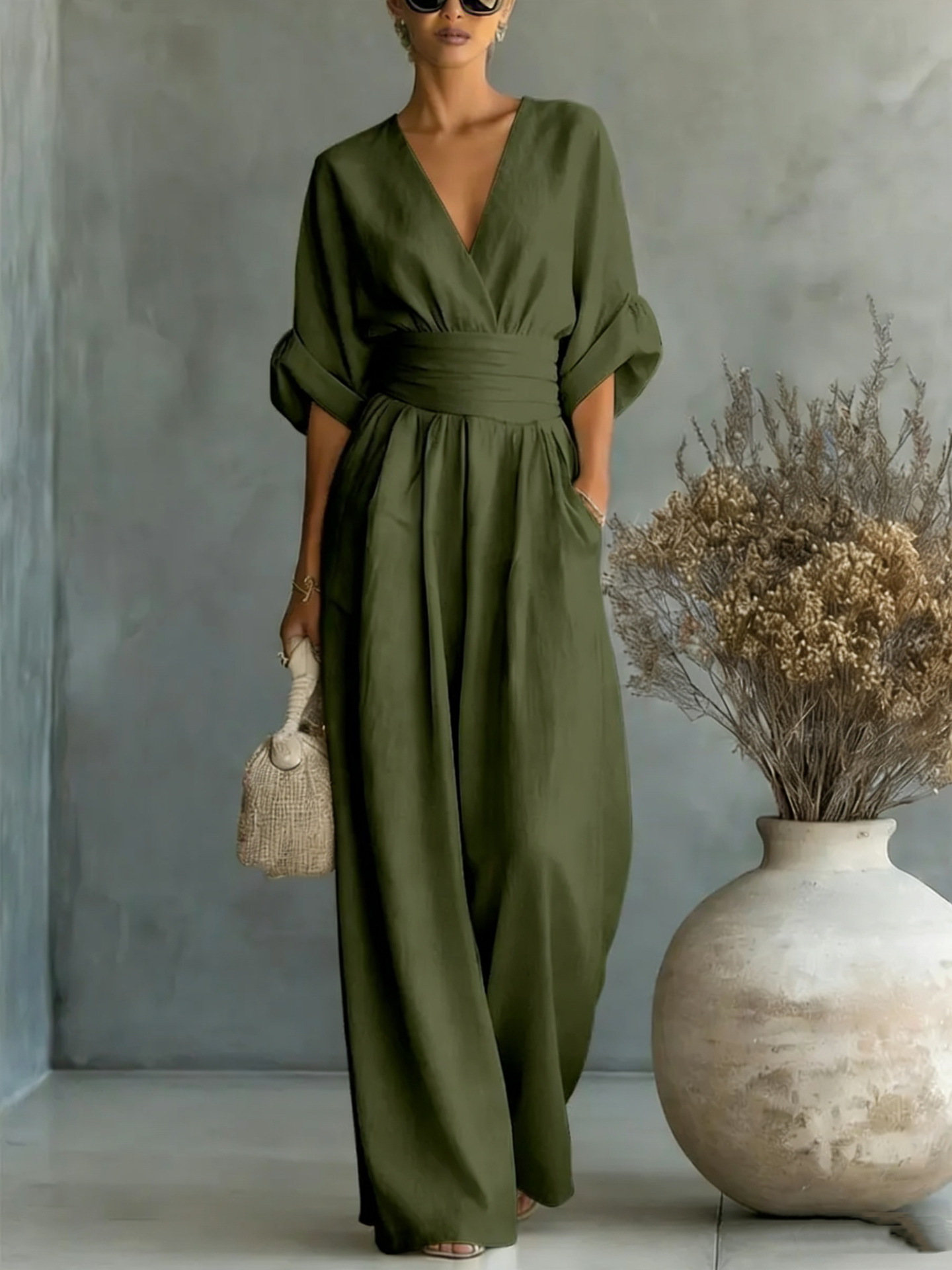 Mono de Verano de Manga Corta con Cuello en V | Jumpsuit de Pierna Ancha para Mujer | Casual 2026 - Imagen 6
