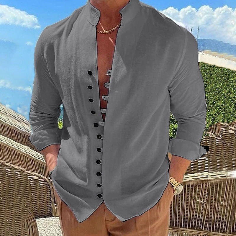 Camisa Retro de Algodón y Lino Manga Larga para Hombre | Corte Holgado Negro - Imagen 7