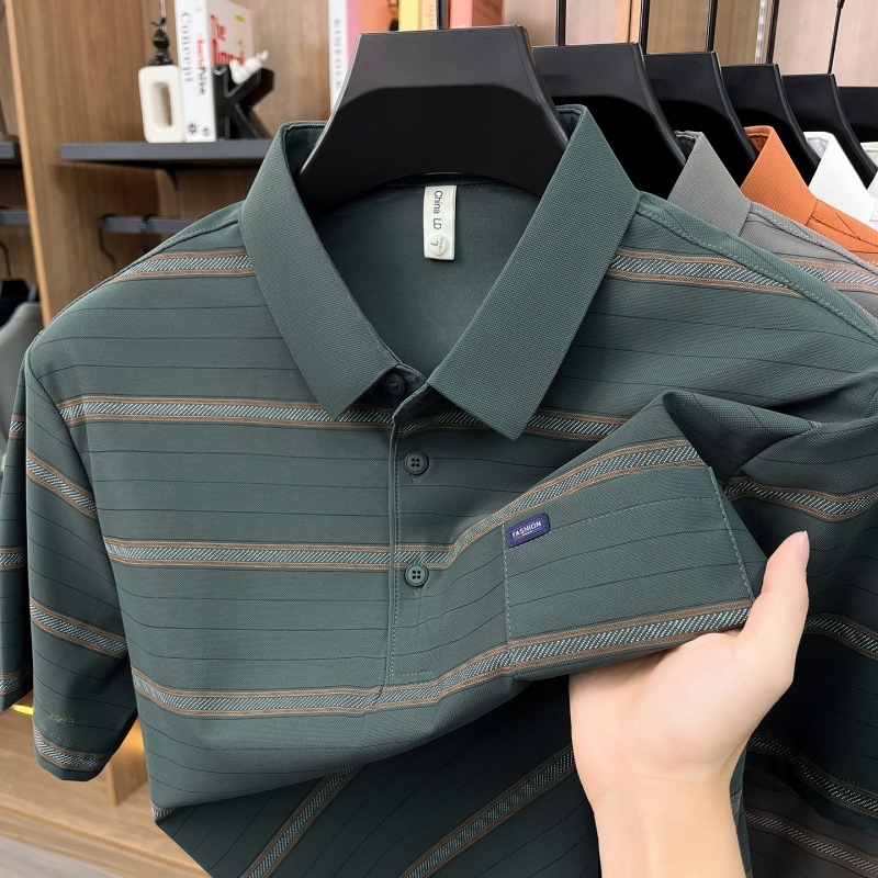 Camiseta de Manga Corta con Solapa y Rayas para Hombre | Corte Holgado Verano Beige - Imagen 6