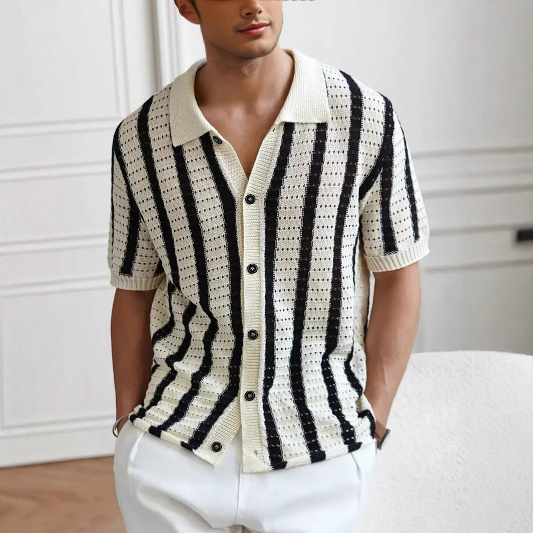Jersey de Punto con Solapa y Rayas Verticales Caladas | Verano para Hombre en Albaricoque y Café - Imagen 5