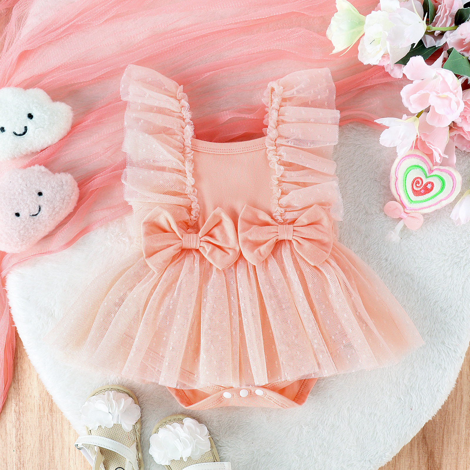 Mono de Princesa con Falda de Red para Bebé Niña | Albaricoque | Tallas 0-18M | Body con Volante para Fotos y Eventos | TiendasFR - Imagen 4