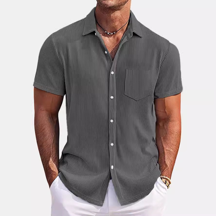 Camisa de Manga Corta con Rayas Verticales para Hombre | Holgada Color Albaricoque - Imagen 6