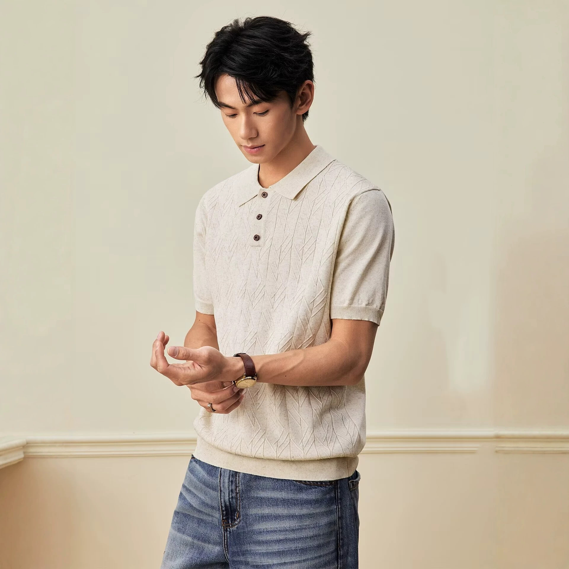 Camiseta de Punto Retro Estilo Japonés para Hombre | Albaricoque y Casual - Imagen 5