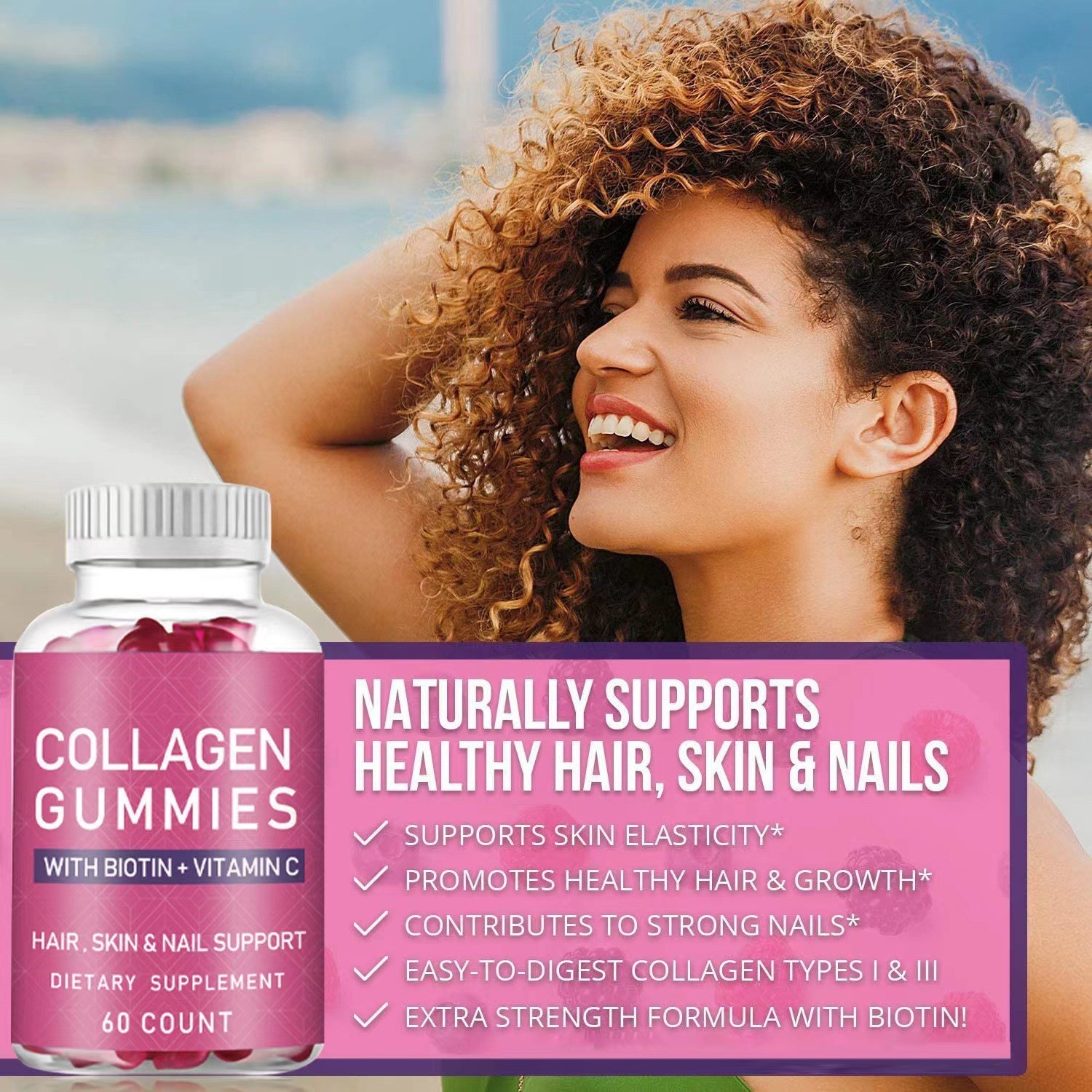 Gomitas de Colágeno y Biotina | Piel, Cabello y Uñas | Fórmula Extra Strength con Vitaminas | 60 Gominolas | TiendasFR