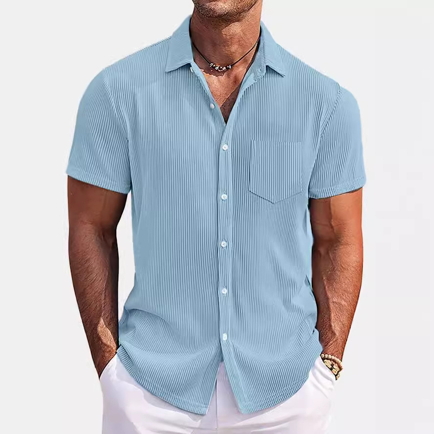 Camisa de Manga Corta con Rayas Verticales para Hombre | Holgada Color Albaricoque - Imagen 3