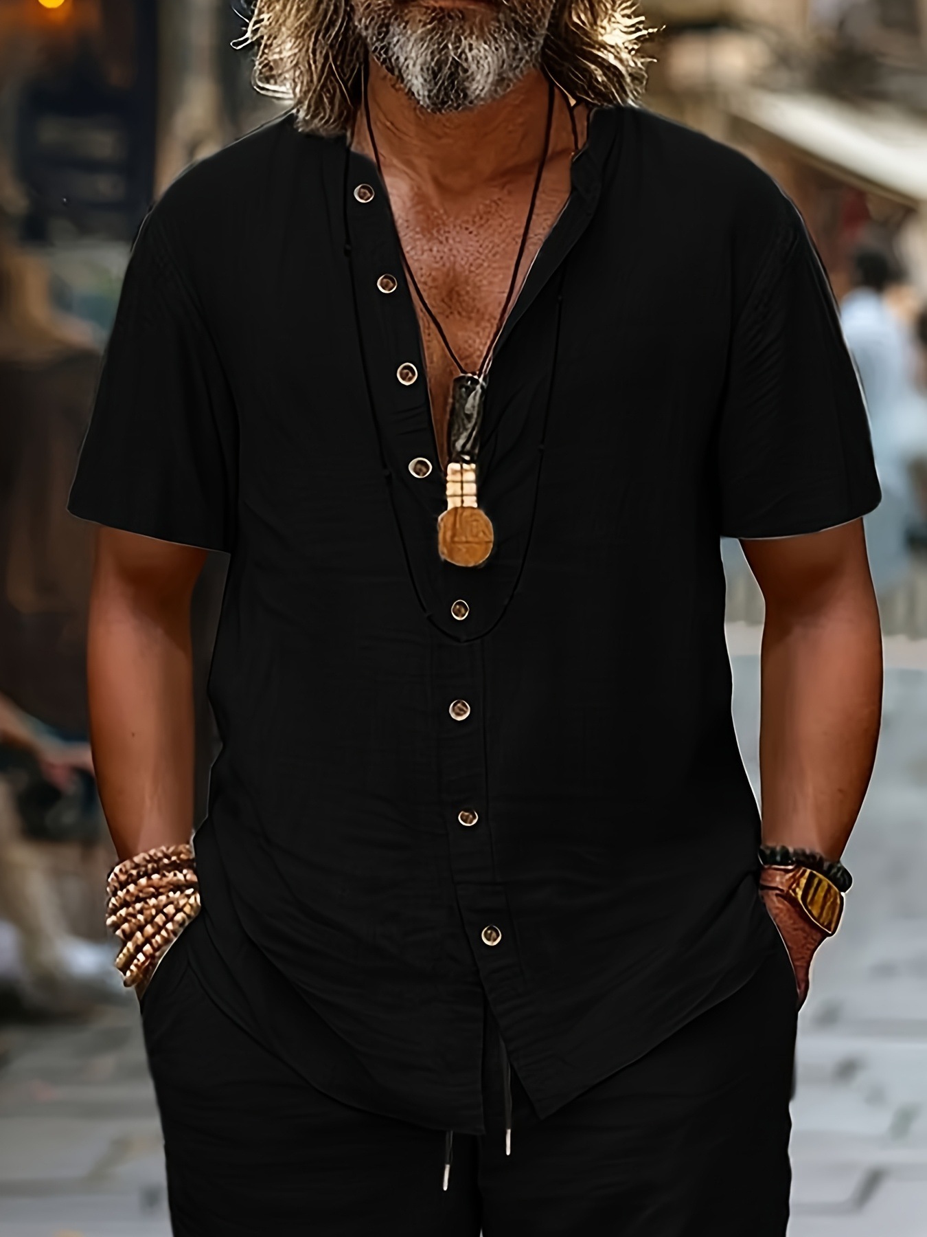 Camisa Retro de Algodón y Lino con Botones para Hombre | Estilo Casual Negro - Imagen 7