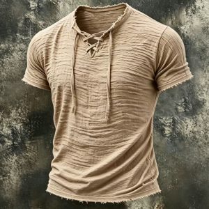 Camiseta Retro de Algodón y Lino con Cuello en V para Hombre | Albaricoque Verano