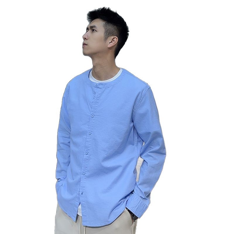 Camisa de Lino Vintage Estilo Chino con Cuello Mandarín | Azul para Hombre - Imagen 2