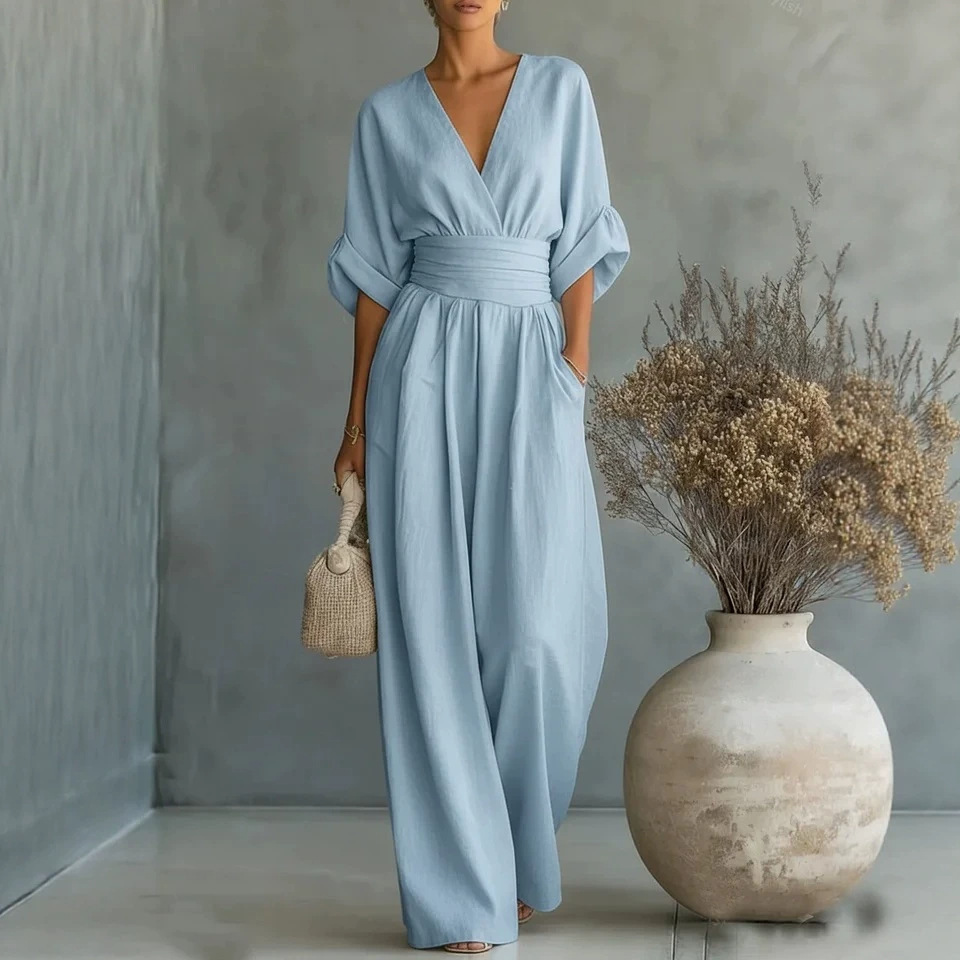 Mono de Verano de Manga Corta con Cuello en V | Jumpsuit de Pierna Ancha para Mujer | Casual 2026 - Imagen 8