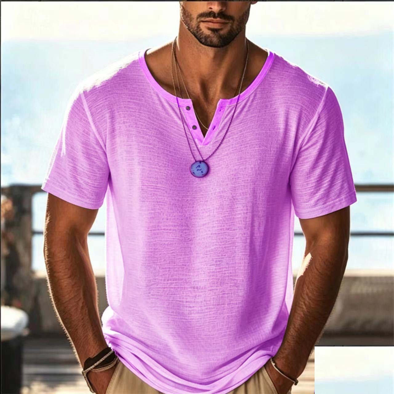 Camiseta de Verano Manga Corta Color Liso para Hombre | Beige Multicolor Casual - Imagen 3