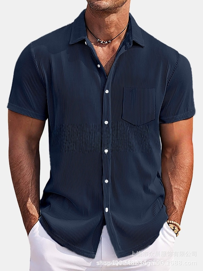 Camisa de Manga Corta con Rayas Verticales para Hombre | Holgada Color Albaricoque - Imagen 8