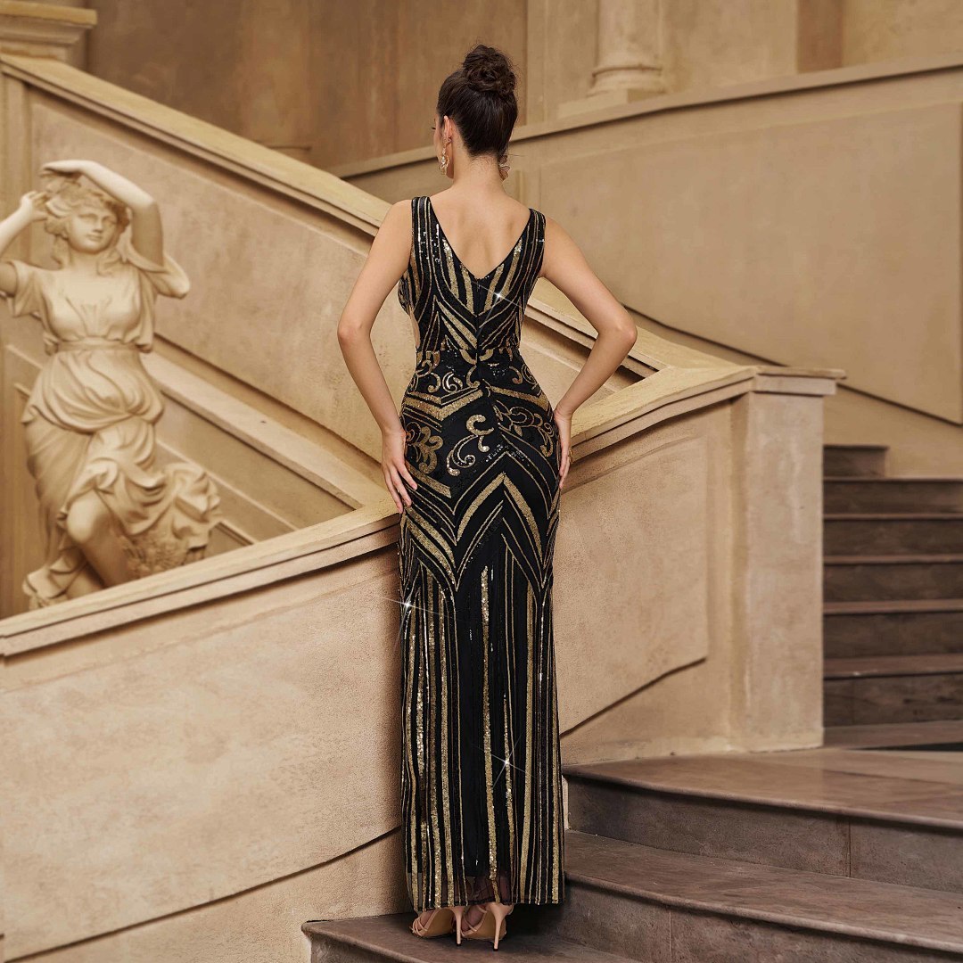 Vestido de Noche de Sirena con Lentejuelas Doradas | Negro y Dorado Glamuroso | Bodas y Eventos - Imagen 4
