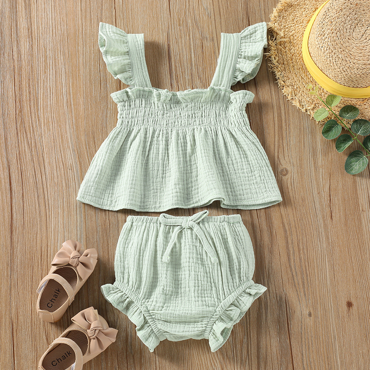 Conjunto de Top de Tirantes y Shorts para Niña | Verde | Tallas 70-110 cm | Ropa Fresca para Verano | TiendasFR