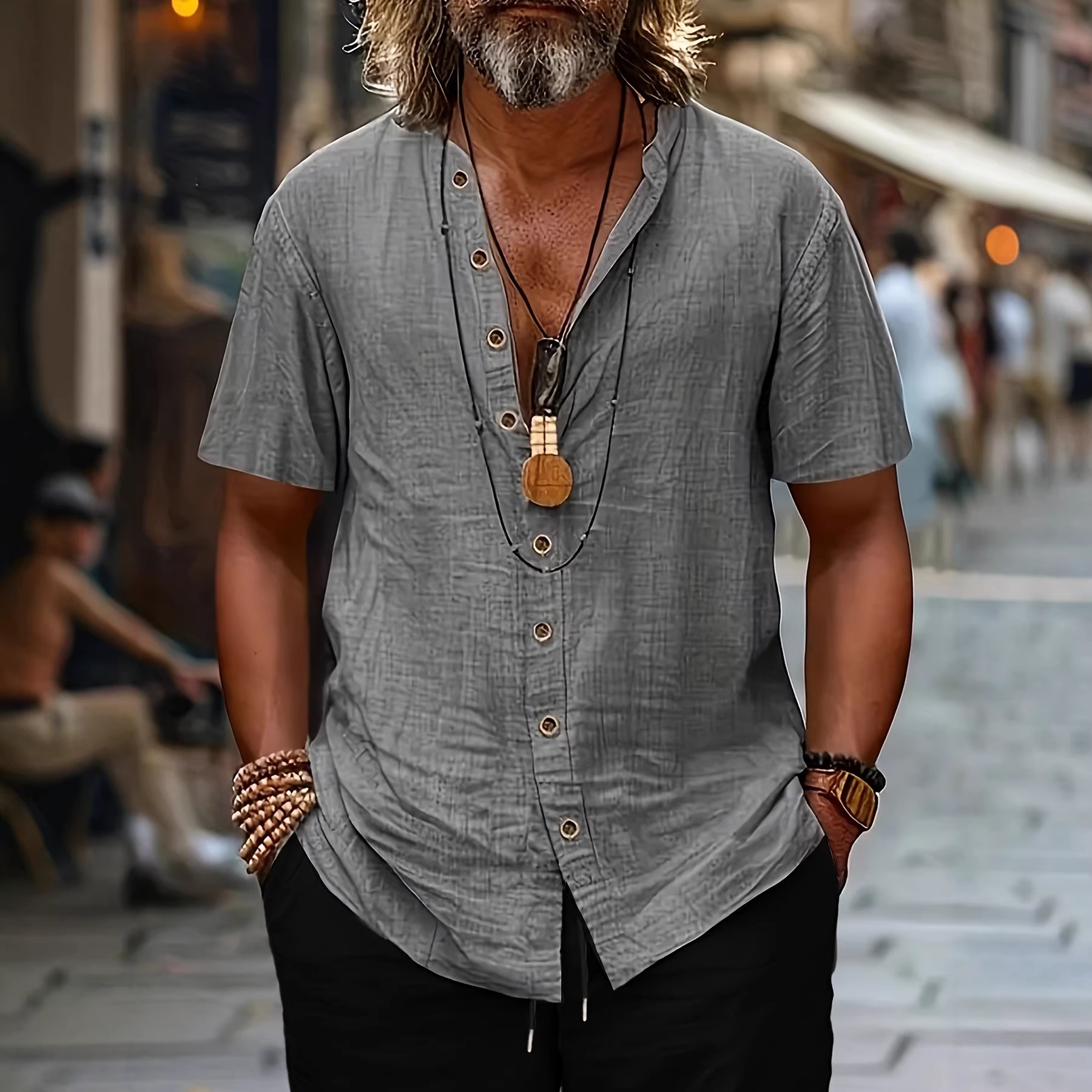 Camisa Retro de Algodón y Lino con Botones para Hombre | Estilo Casual Negro - Imagen 4