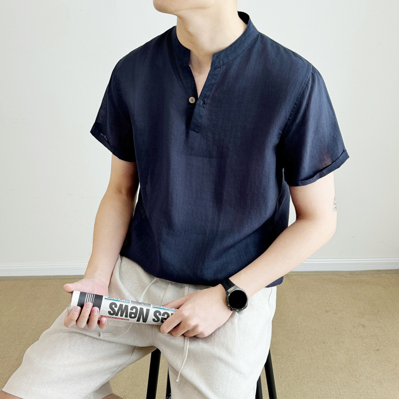 Camisa de Manga Corta Transpirable con Cuello en V para Hombre | Corte Holgado Beige - Imagen 5