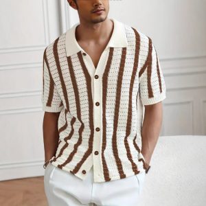 Jersey de Punto con Solapa y Rayas Verticales Caladas | Verano para Hombre en Albaricoque y Café