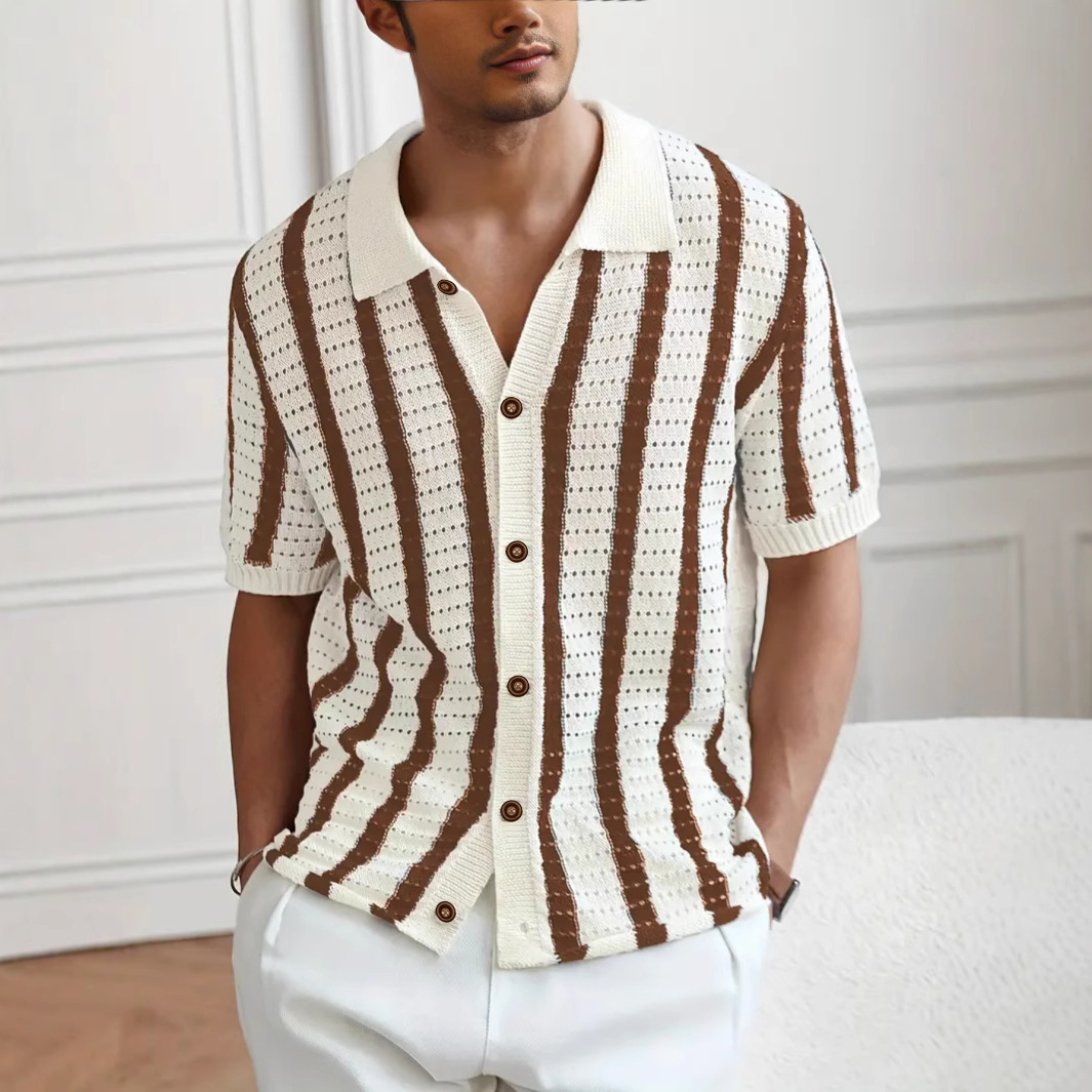 Jersey de Punto con Solapa y Rayas Verticales Caladas | Verano para Hombre en Albaricoque y Café