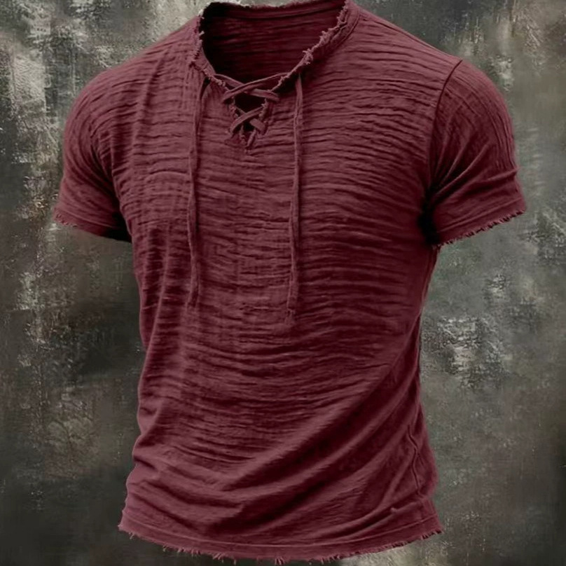 Camiseta Retro de Algodón y Lino con Cuello en V para Hombre | Albaricoque Verano - Imagen 2