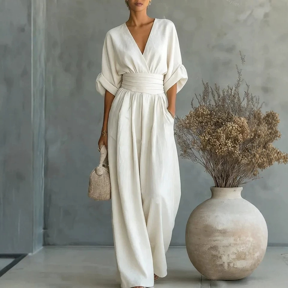Mono de Verano de Manga Corta con Cuello en V | Jumpsuit de Pierna Ancha para Mujer | Casual 2026 - Imagen 10