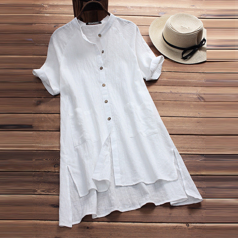 Camisa de Algodón y Lino con Bolsillos para Mujer | Manga Raglán Estilo Casual | Tallas Grandes