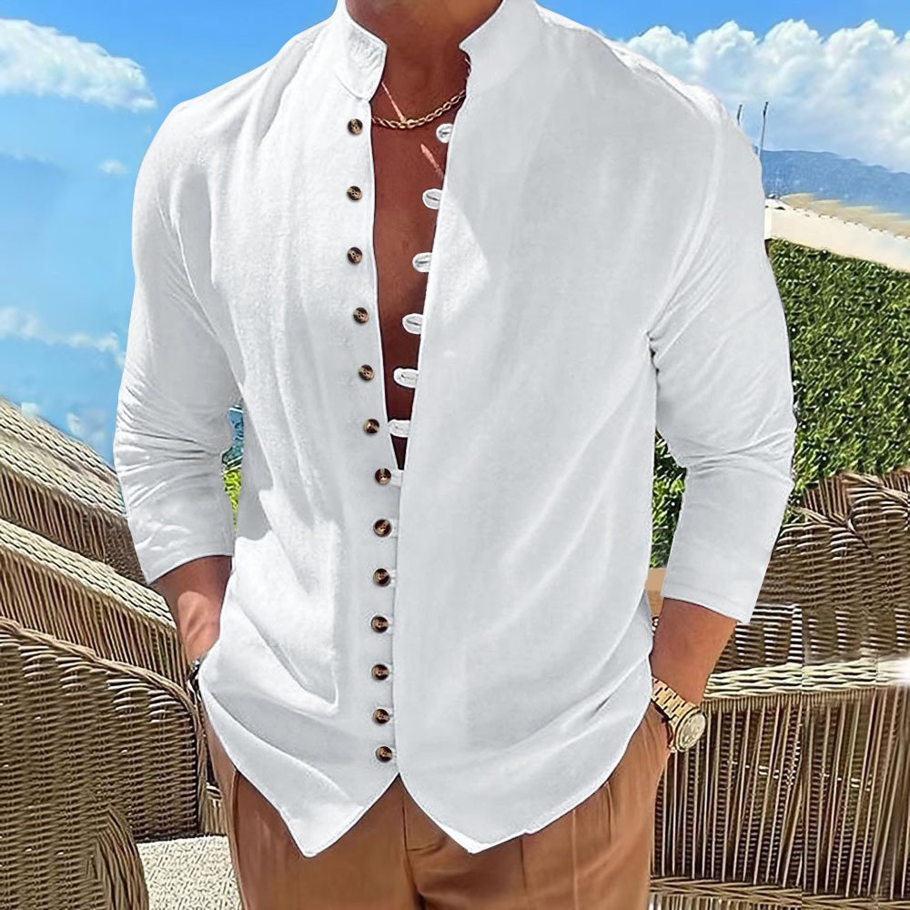 Camisa Retro de Algodón y Lino Manga Larga para Hombre | Corte Holgado Negro - Imagen 3