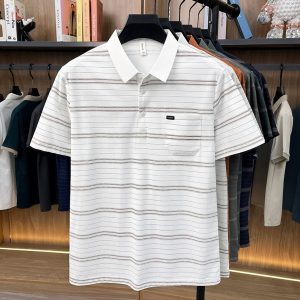 Camiseta de Manga Corta con Solapa y Rayas para Hombre | Corte Holgado Verano Beige