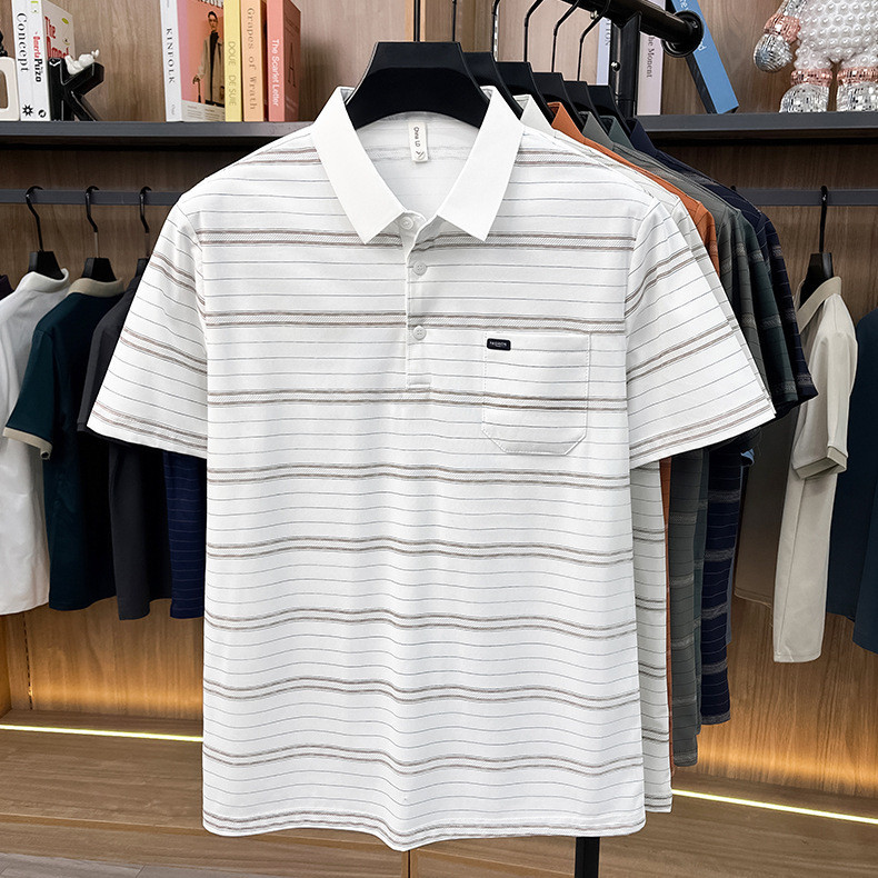 Camiseta de Manga Corta con Solapa y Rayas para Hombre | Corte Holgado Verano Beige