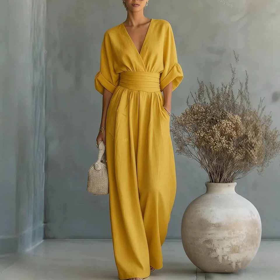 Mono de Verano de Manga Corta con Cuello en V | Jumpsuit de Pierna Ancha para Mujer | Casual 2026 - Imagen 3