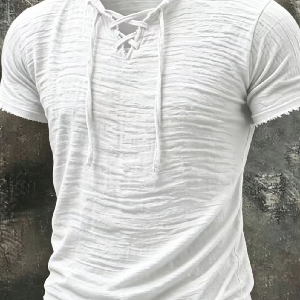 Camiseta Retro de Algodón y Lino con Cuello en V para Hombre | Albaricoque Verano - Imagen 3