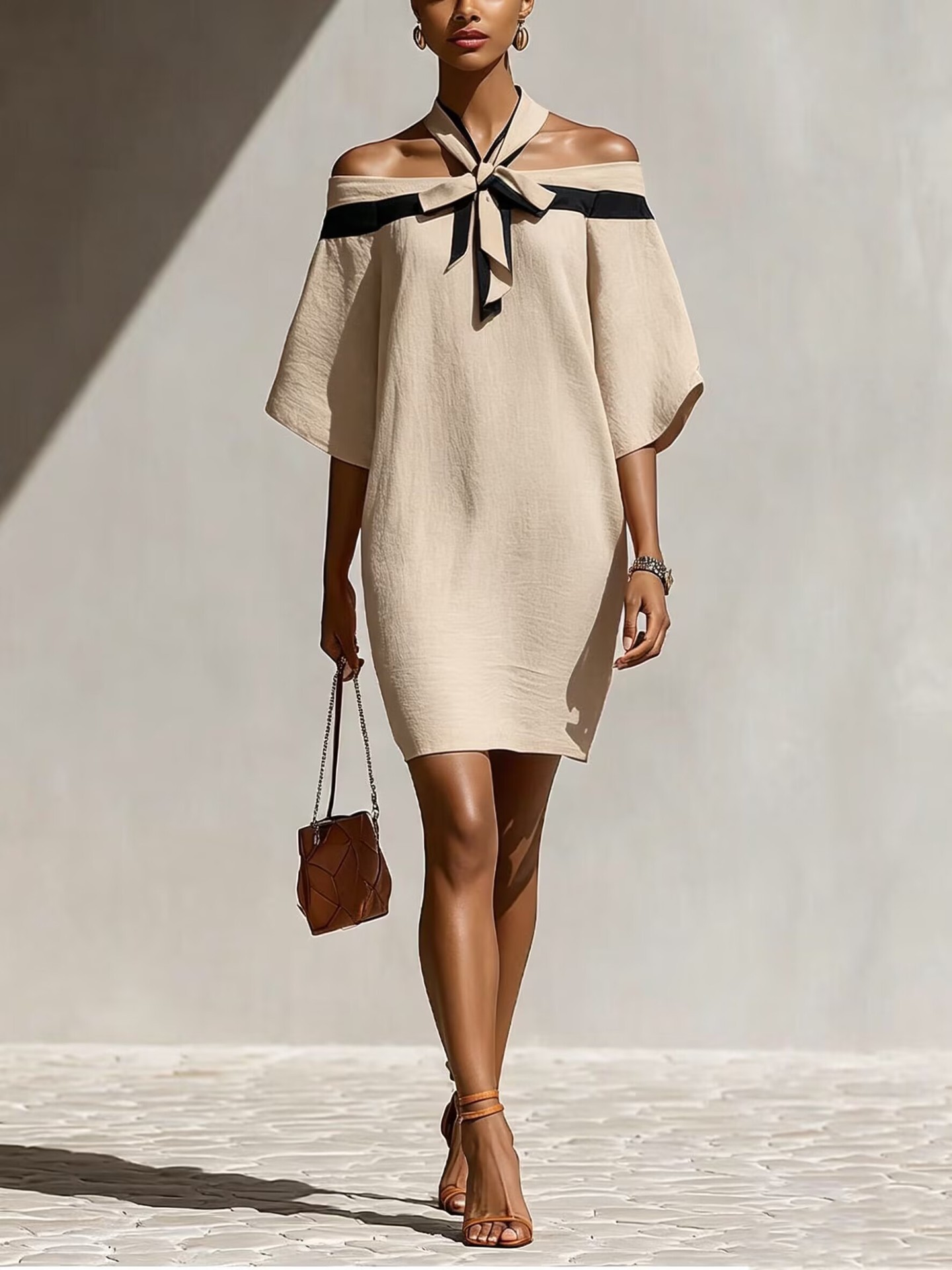 Vestido con Escote Bardot y Lazo en el Cuello | Hombros al Descubierto | Elegante Primavera-Verano - Imagen 8