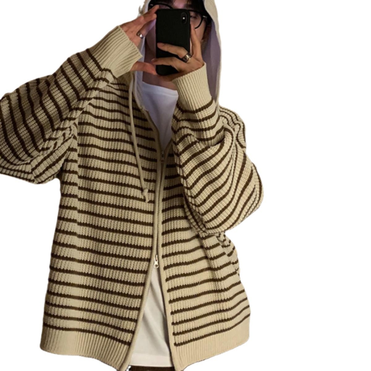 Abrigo Cárdigan de Punto a Rayas con Capucha | Cálido y Casual para Otoño e Invierno - Imagen 5