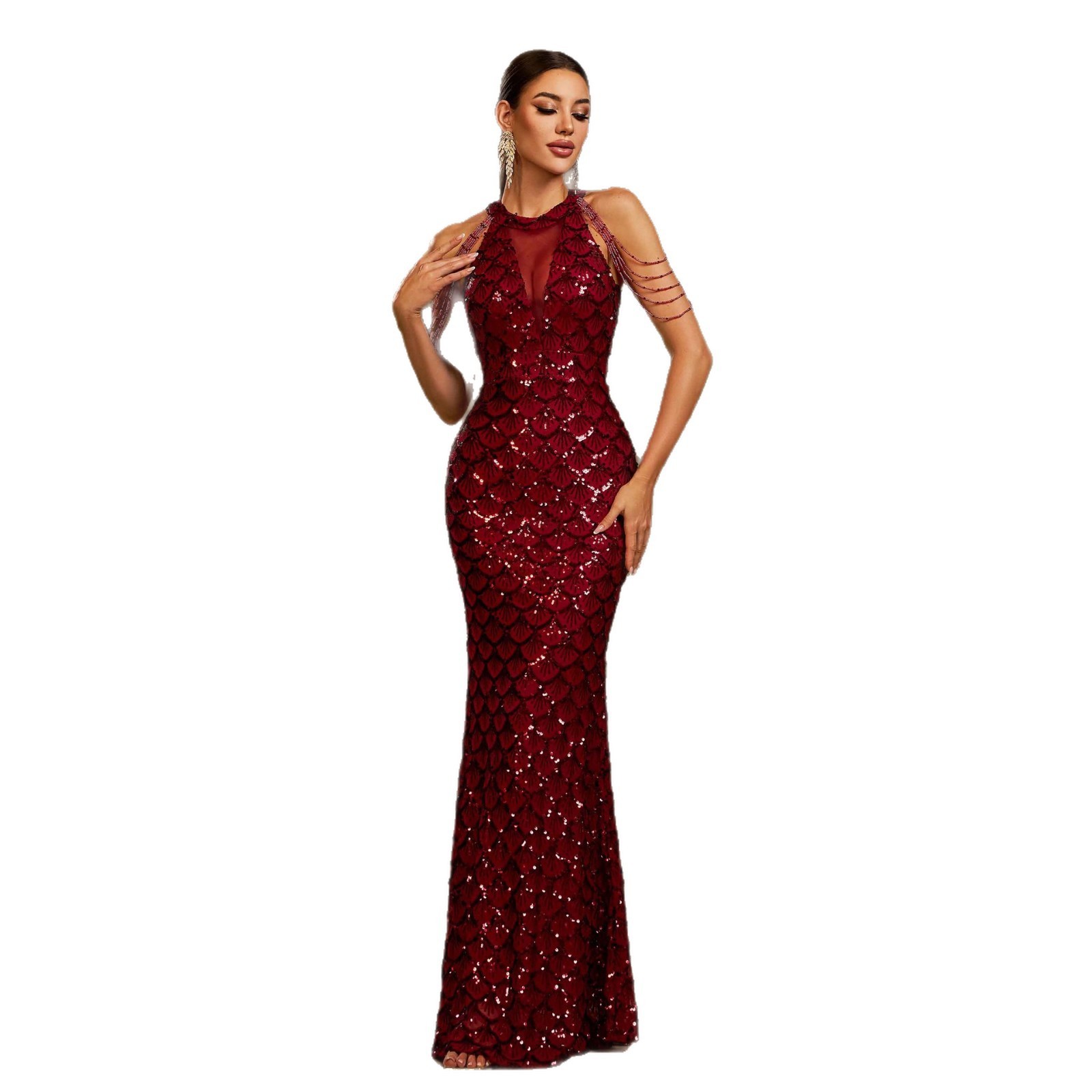 Vestido de Noche Sirena con Lentejuelas Vino | Sin Mangas Escote Redondo | Bodas y Eventos - Imagen 6