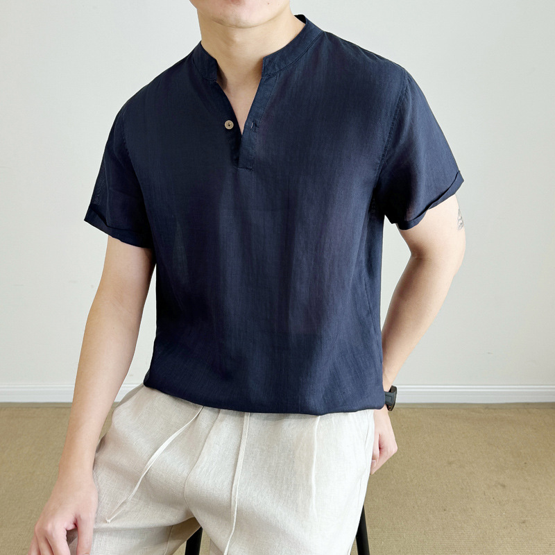 Camisa de Manga Corta Transpirable con Cuello en V para Hombre | Corte Holgado Beige - Imagen 9