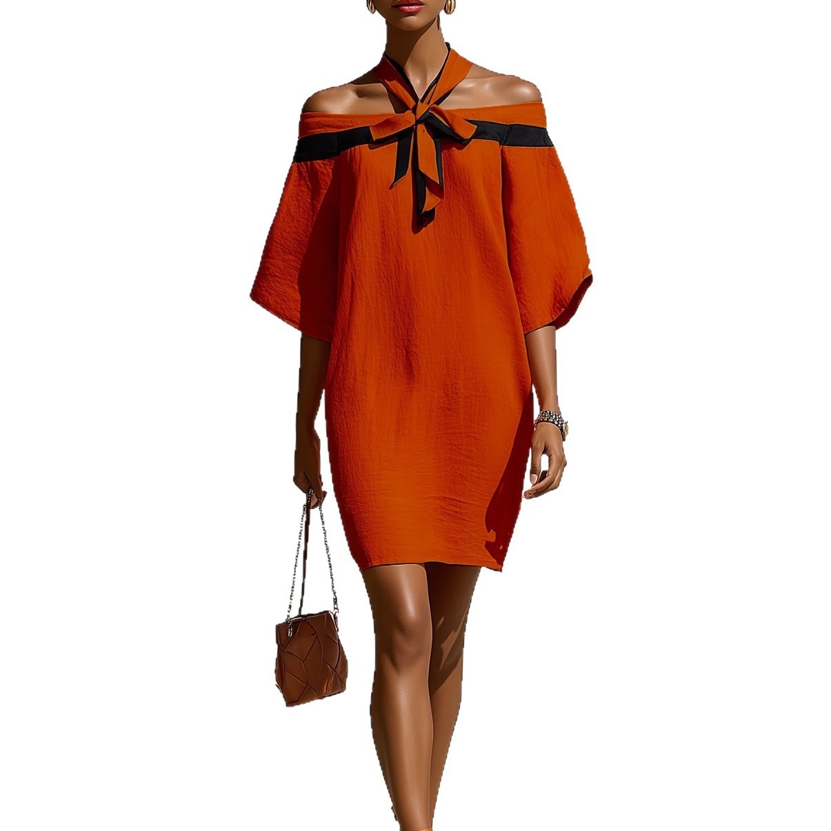 Vestido con Escote Bardot y Lazo en el Cuello | Hombros al Descubierto | Elegante Primavera-Verano - Imagen 6
