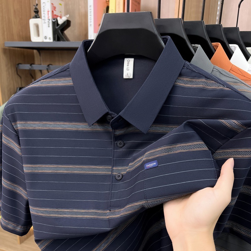 Camiseta de Manga Corta con Solapa y Rayas para Hombre | Corte Holgado Verano Beige - Imagen 5